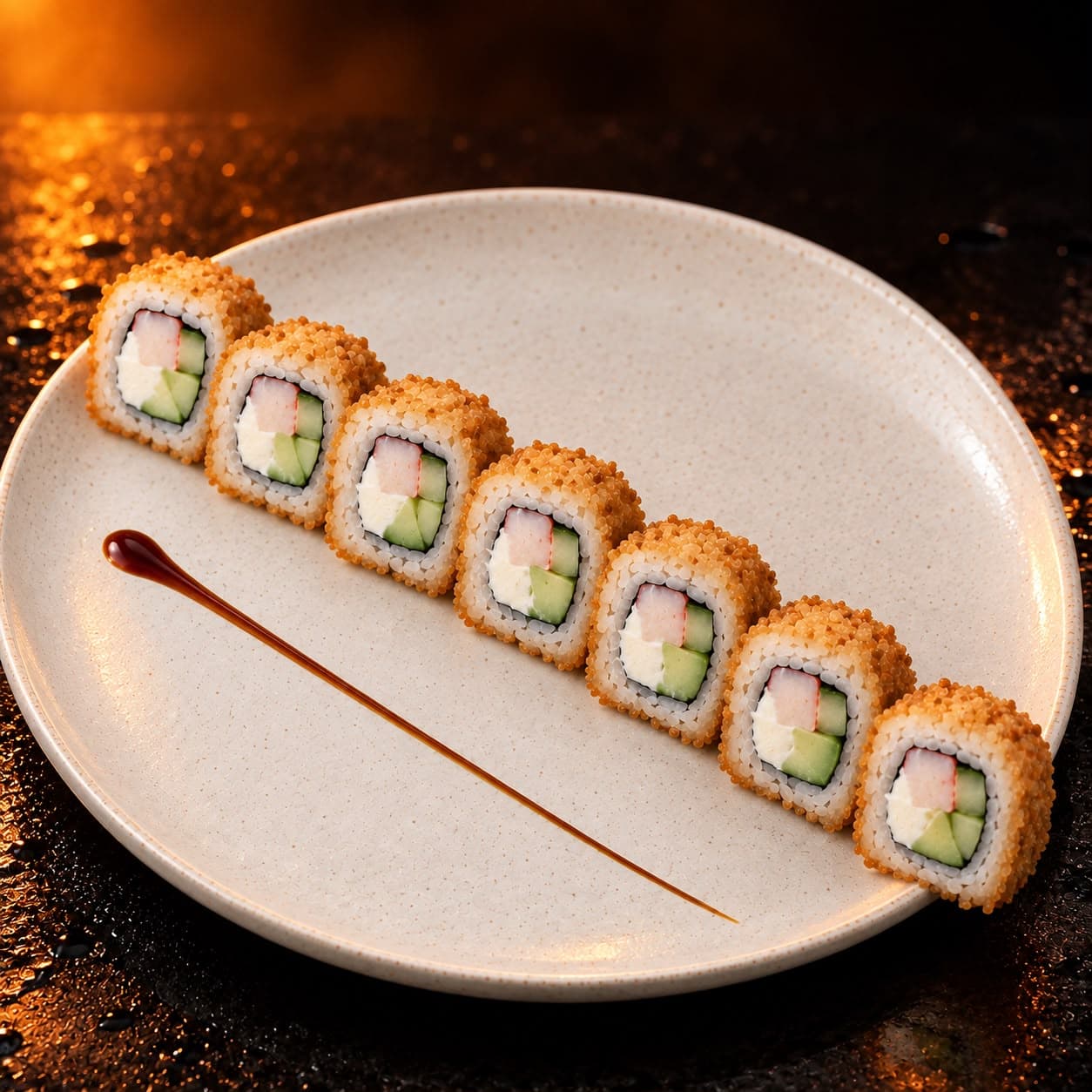 California empanizado: Surimi, pepino, aguacate y queso Philadelphia.