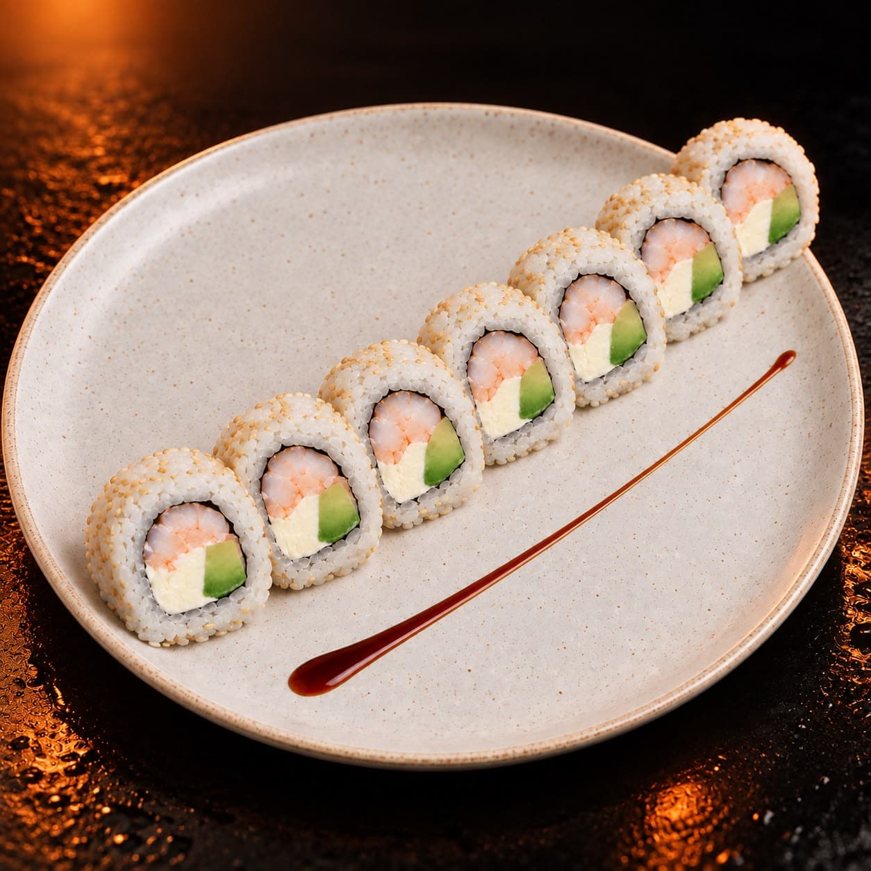 Ebi Roll: Camarón cocido, queso Philadelphia y aguacate.