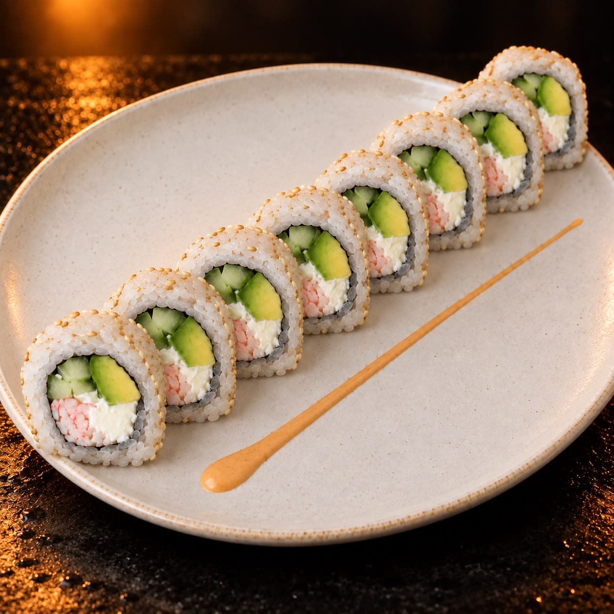 Philadelphia de surimi: Surimi, queso Philadelphia, pepino y aguacate.